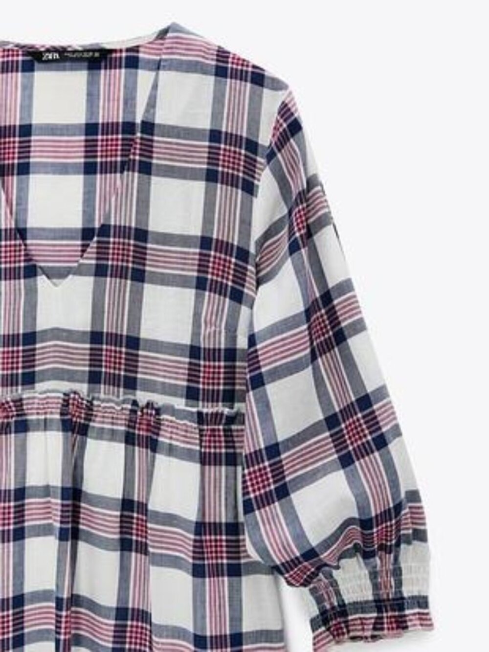 NWT Zara Plaid Babydoll Mini Dress Women’s XS V Neck Blue Red White Lined Boho - Picture 6 of 13